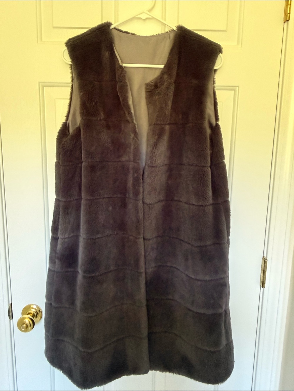 Faux Fur Sleeveless Long Vest - Charcoal